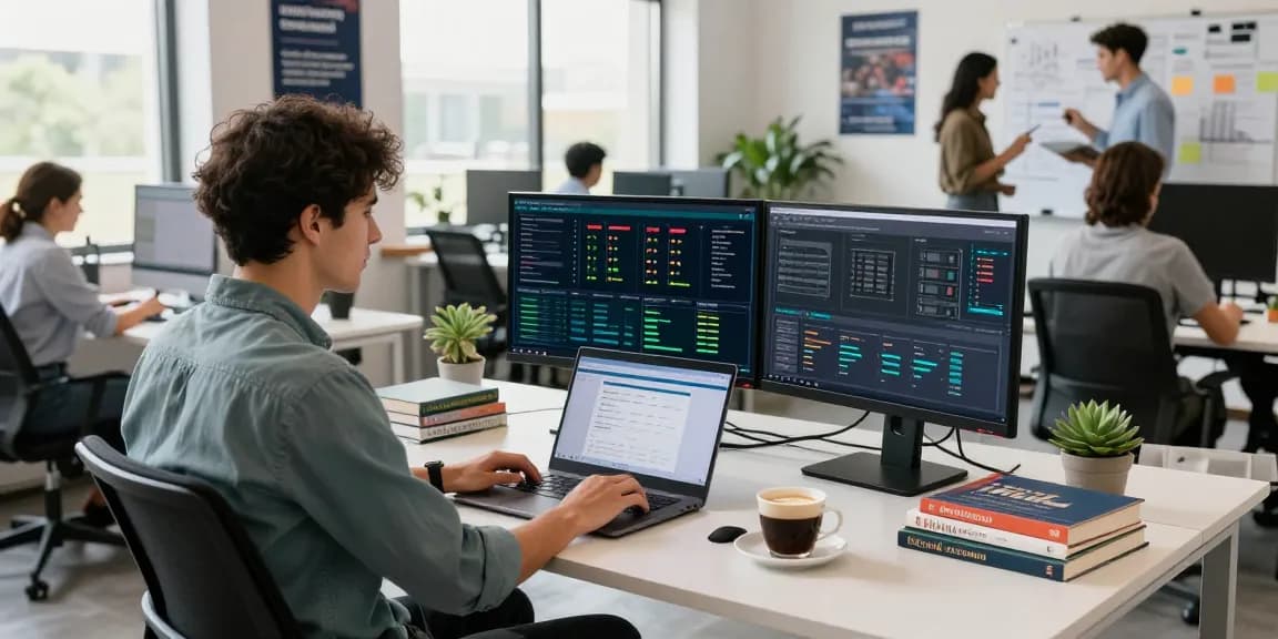 Web hosting en Mexico specialist analyzing server data in a modern tech workspace with engaging atmosphere.