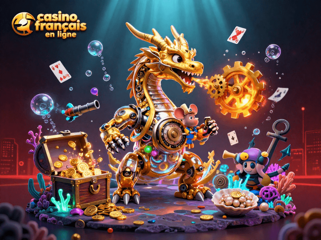 Découvrez le casino francais en ligne avec un dragon doré et des trésors sous-marins dans une illustration dynamique.