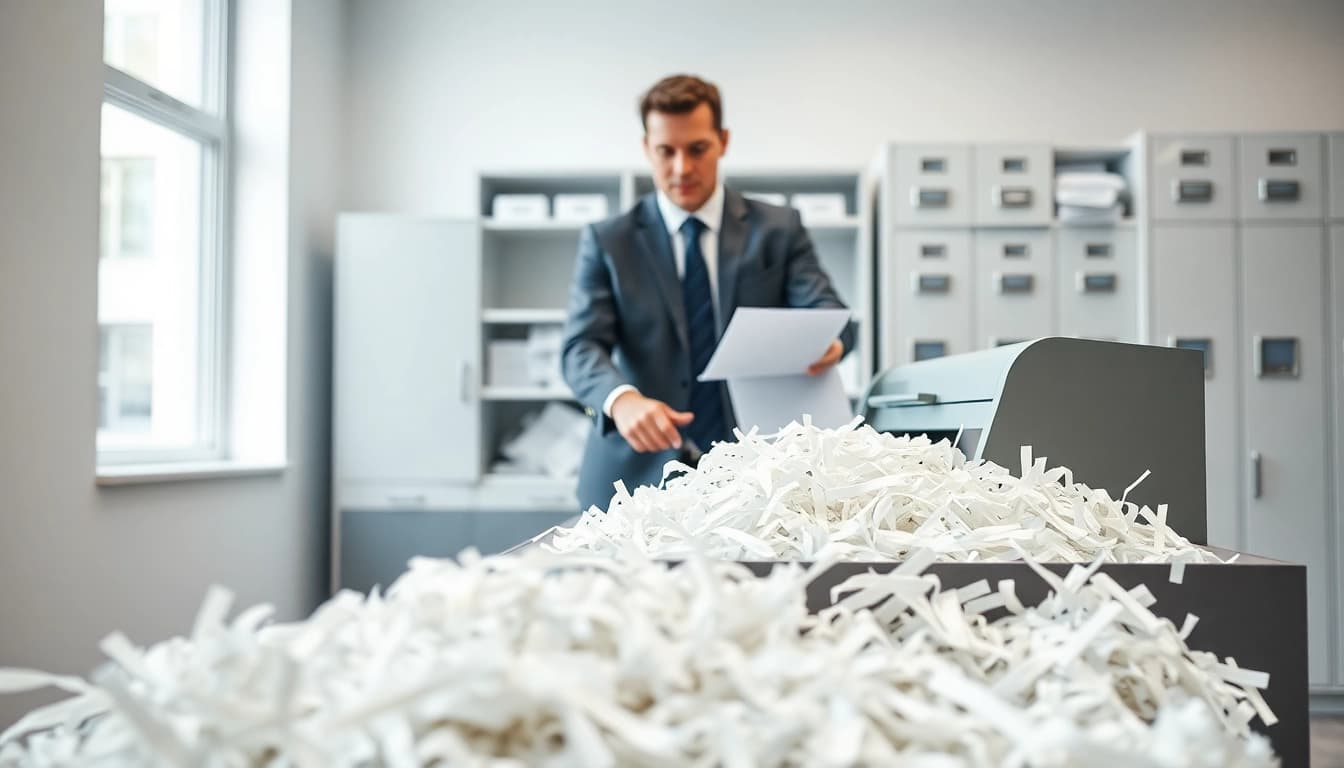 Secure Medical record shredding Cleveland OH service with a technician operating a shredder in a modern office.