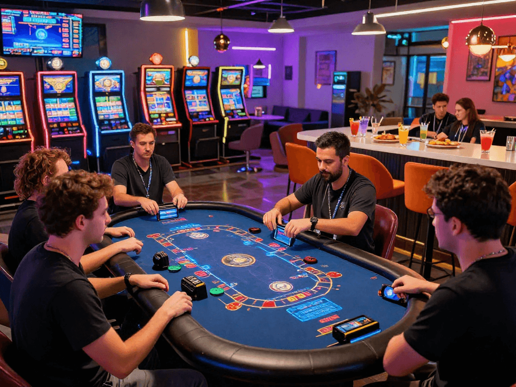 Exciting crypto casino gaming scene with players at digital tables and neon ambiance.