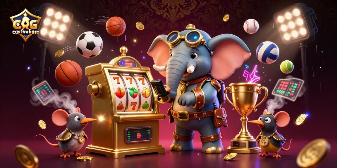 Illustration captivante de casinos en ligne montrant un éléphant steampunk et des éléments de jeu.