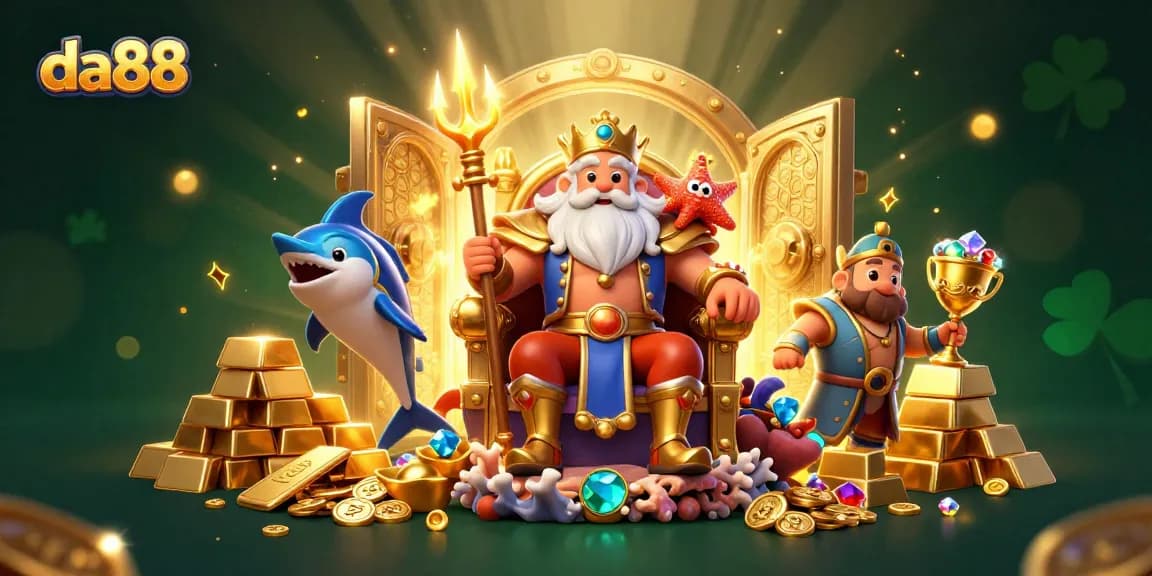 Experience da88's enchanting 3D scene with Neptune and treasures, capturing the thrill of gaming.