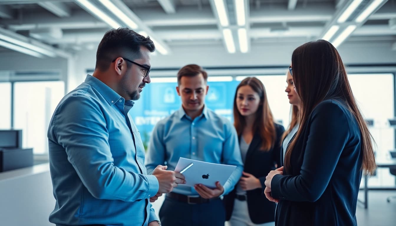Cyber essentials assessor guiding a team in a modern office on cybersecurity strategies.