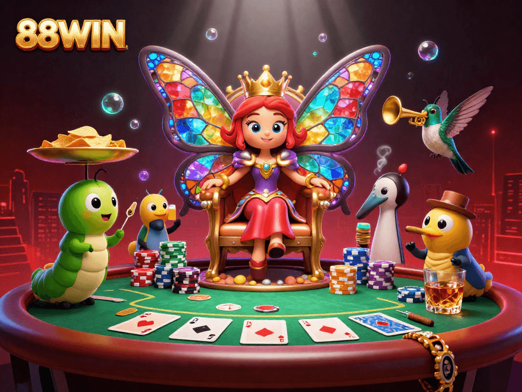 Experience the thrill of 88WIN with an exhilarating 3D casino scene full of vibrant characters and gambling elements.