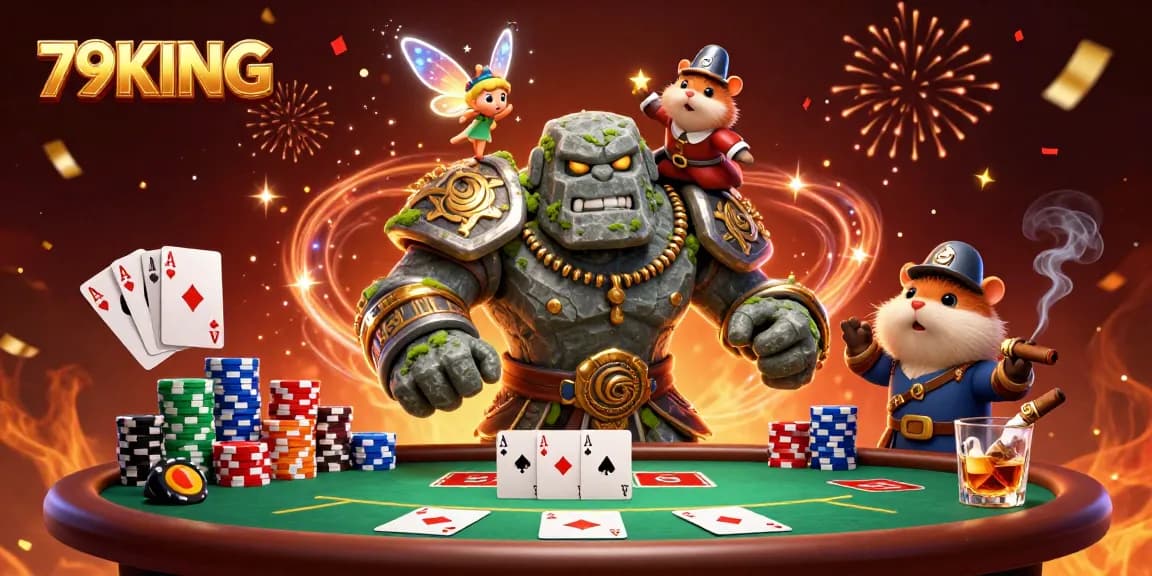 Engage with 79KING's vibrant casino scene featuring a lively golem guardian and poker elements.