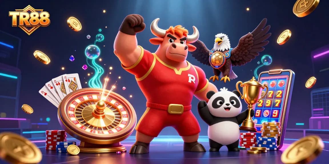 Experience the excitement of TR88 with a vibrant 3D casino scene featuring animated characters.