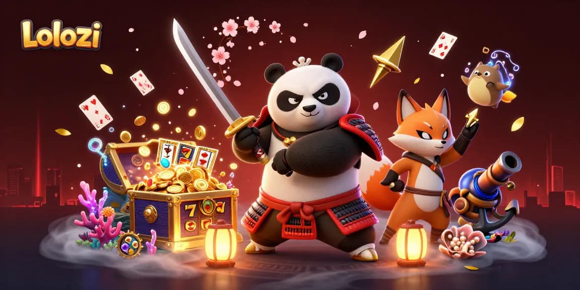 Lolozi casino illustration with a heroic samurai panda, ninja fox, and magical tanuki amidst vibrant gaming elements.