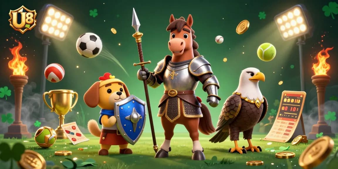 Experience the excitement of U888 with dynamic sports betting action and colorful characters in a vibrant casino illustration.