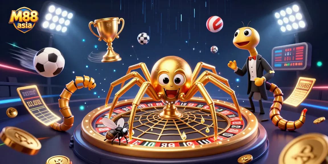 Engage with thrilling bets at M88 asia while a golden spider spins a roulette web in vibrant 3D art.