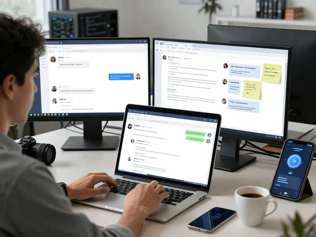 AI NSFW chat interface displayed on sleek laptop in modern workspace with interactive elements and coffee.