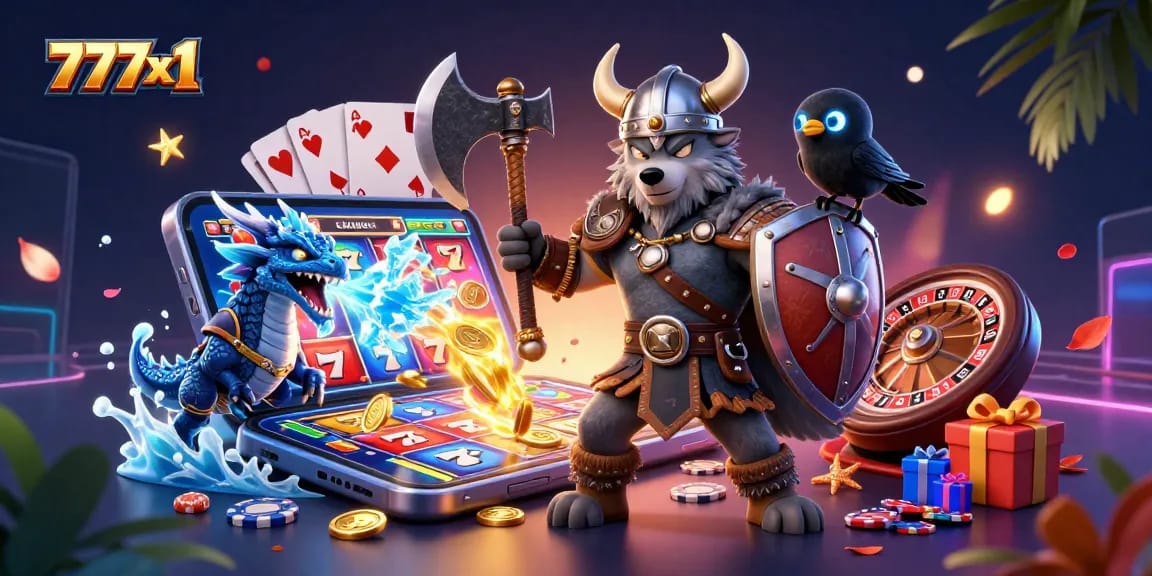 Experience thrilling games at 777x1 with dynamic 3D characters enjoying slots and excitement.