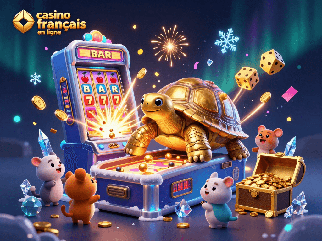 Découvrez les jeux du casino français en ligne avec cette illustration captivante animée par des tortues dorées et des machines à sous.