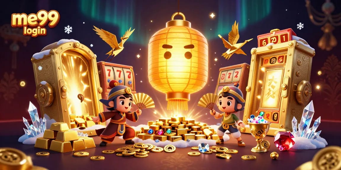 Experience the me99 login excitement with 3D cartoon spirits and golden treasures in this vibrant casino scene.