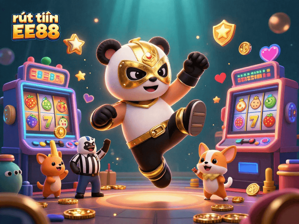 Engage with rút tiền EE88 as a panda wrestler executes a kick amidst a vibrant casino theme.
