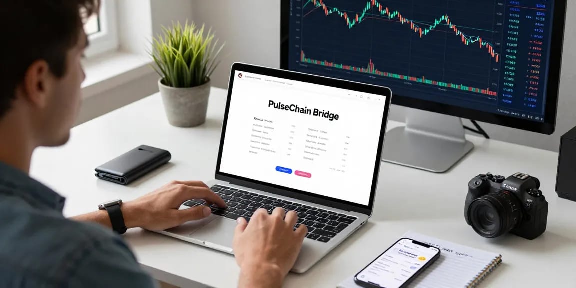 Effortlessly using the PulseChain Bridge for ETH and PLS transactions on a modern laptop, showcasing live crypto trends.