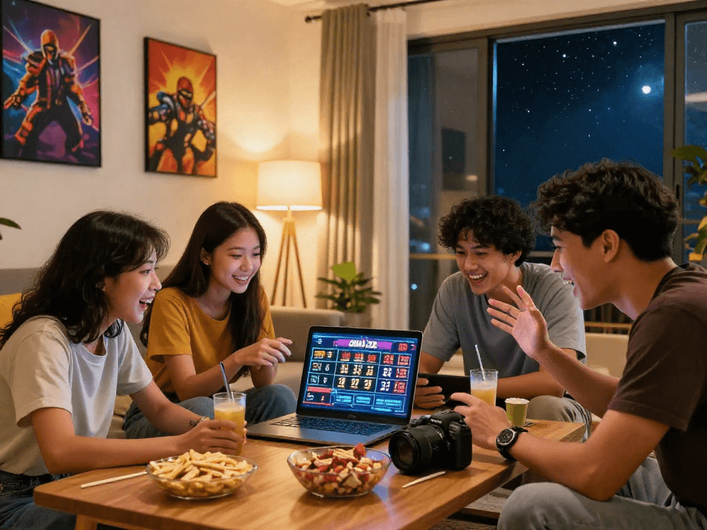 Friends enjoying bandar ze togel online together in a cozy living room setting
