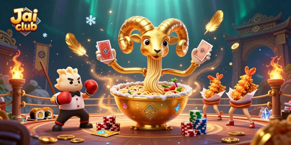 Experience thrilling games at Jai club, featuring a dynamic illustration of casino characters in action.