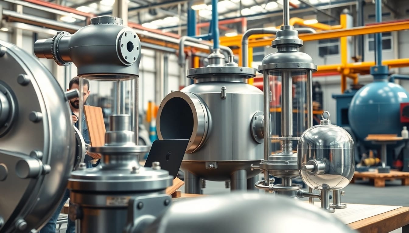 Illustrating pressure vessel design with engineers at work in a bright industrial setting.