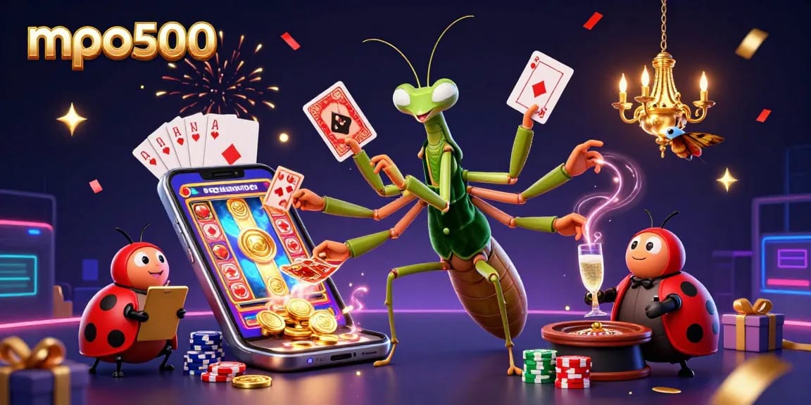 MPO500 players enjoy exciting slot games as the giant mantis card sharp and ladybug pit boss create an engaging casino scene.