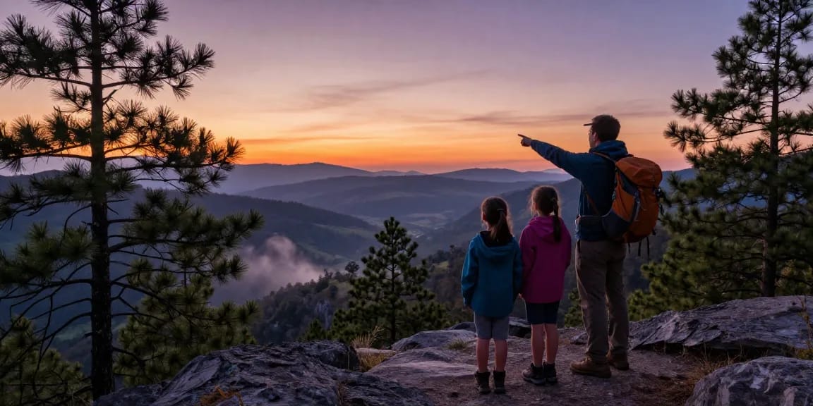 Family enjoying a scenic moment at thatmountainlife.com mountain viewpoint during sunset.