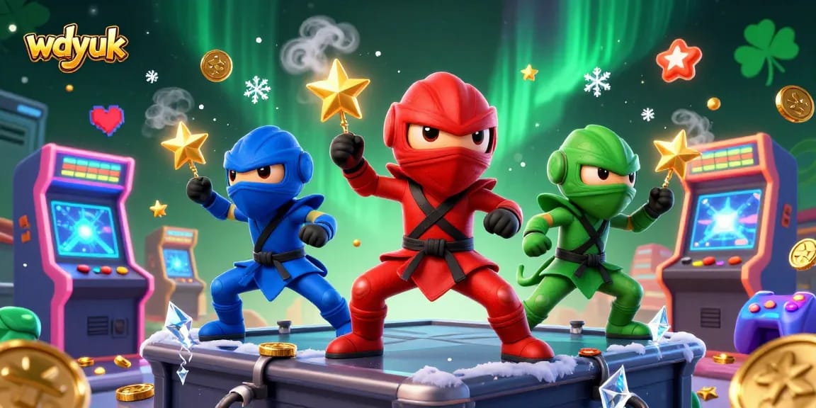 Experience thrilling gaming with wdyuk's colorful chameleon ninjas in an arcade-inspired casino setting.