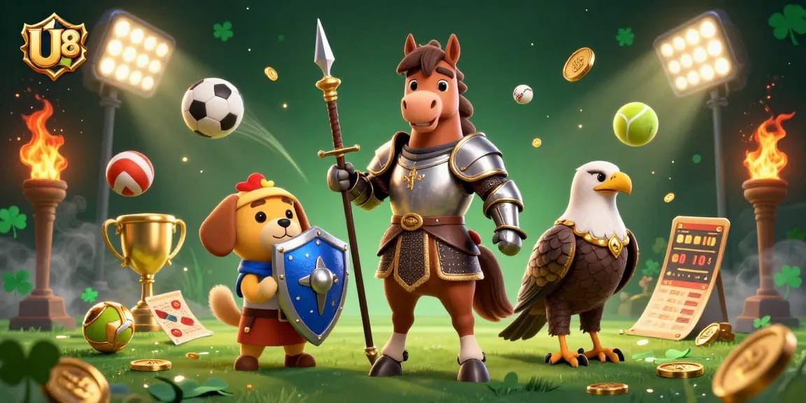 Experience the excitement of U888 with dynamic sports betting action and colorful characters in a vibrant casino illustration.