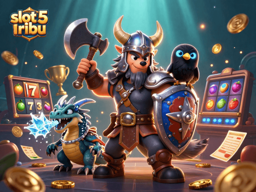 Experience slot 5 ribu excitement with 3D Viking warrior and ice-breathing dragon in action.