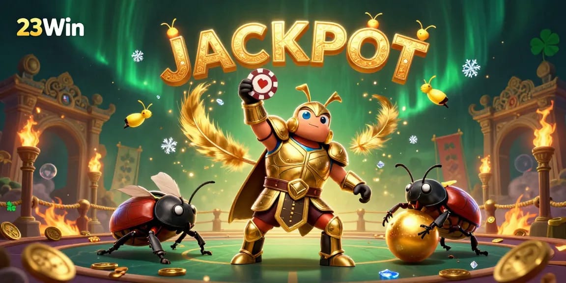 Experience the thrill of 23Win with a triumphant beetle hero lifting a poker chip amidst a jackpot celebration.