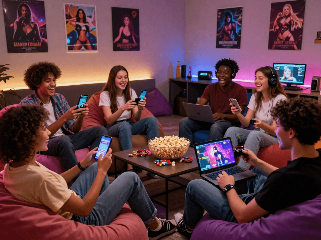 Friends enjoying sex games together in a cozy gaming lounge.
