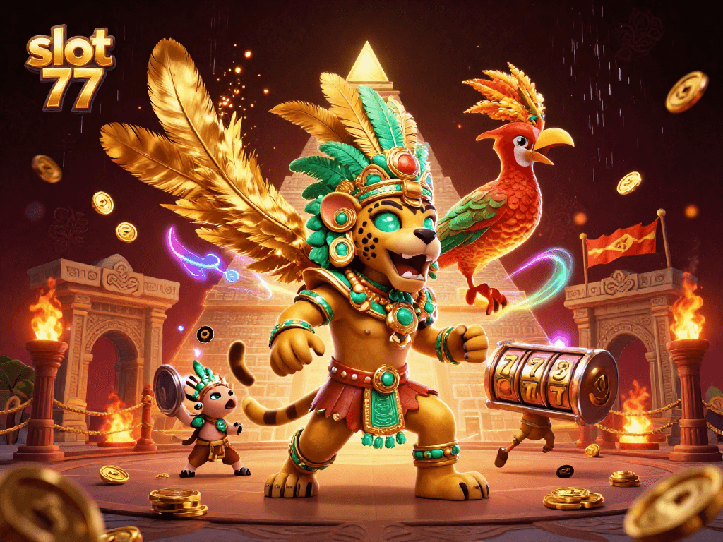 Spin the reels at slot 77 featuring vibrant 3D Mayan characters and golden gambling elements.