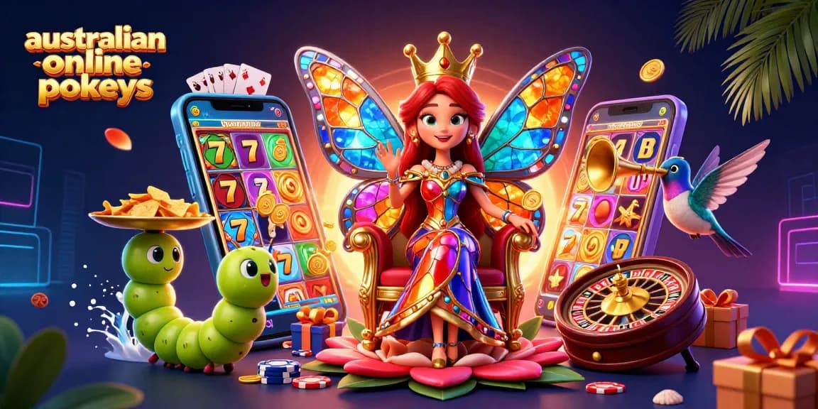 Experience australian online pokies excitement with vibrant 3D characters in a rich casino scene.