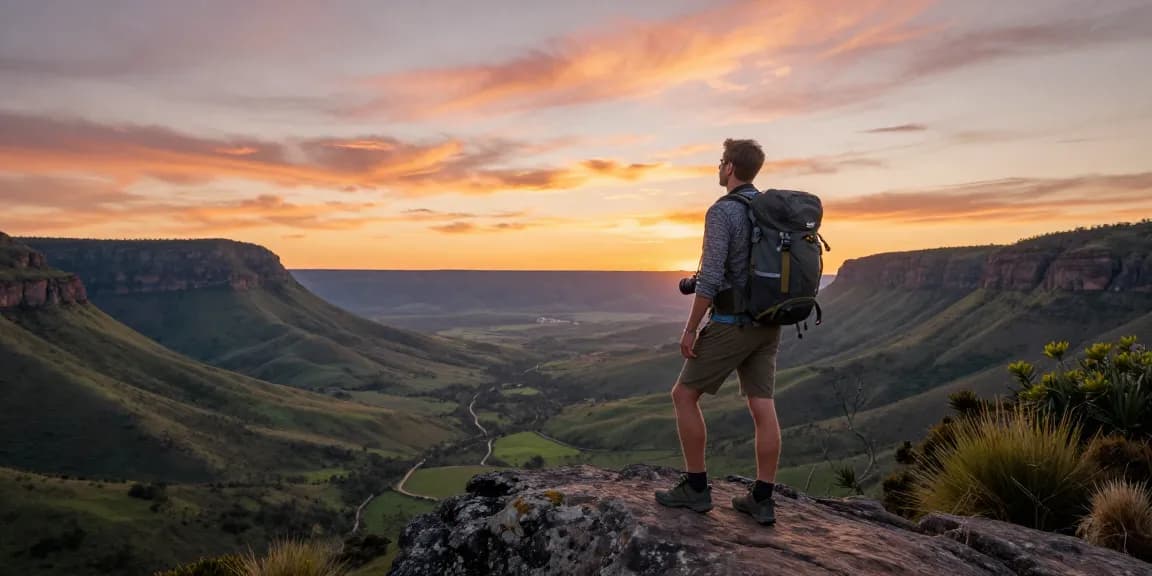 Magaliesburg Accommodation with traveler enjoying scenic views of the mountains.