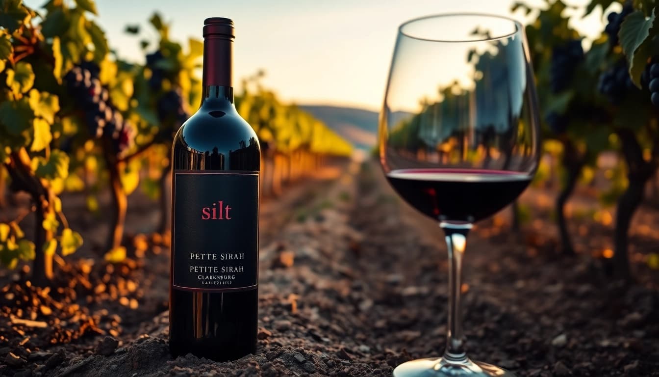 Showcasing silt petite sirah clarksburg wine amidst a picturesque vineyard, reflecting sophistication.