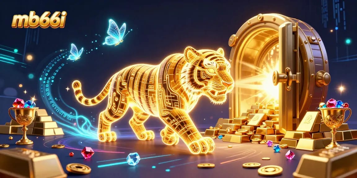Experience thrilling gaming at mb66i with a 3D tiger prowling a vibrant casino.