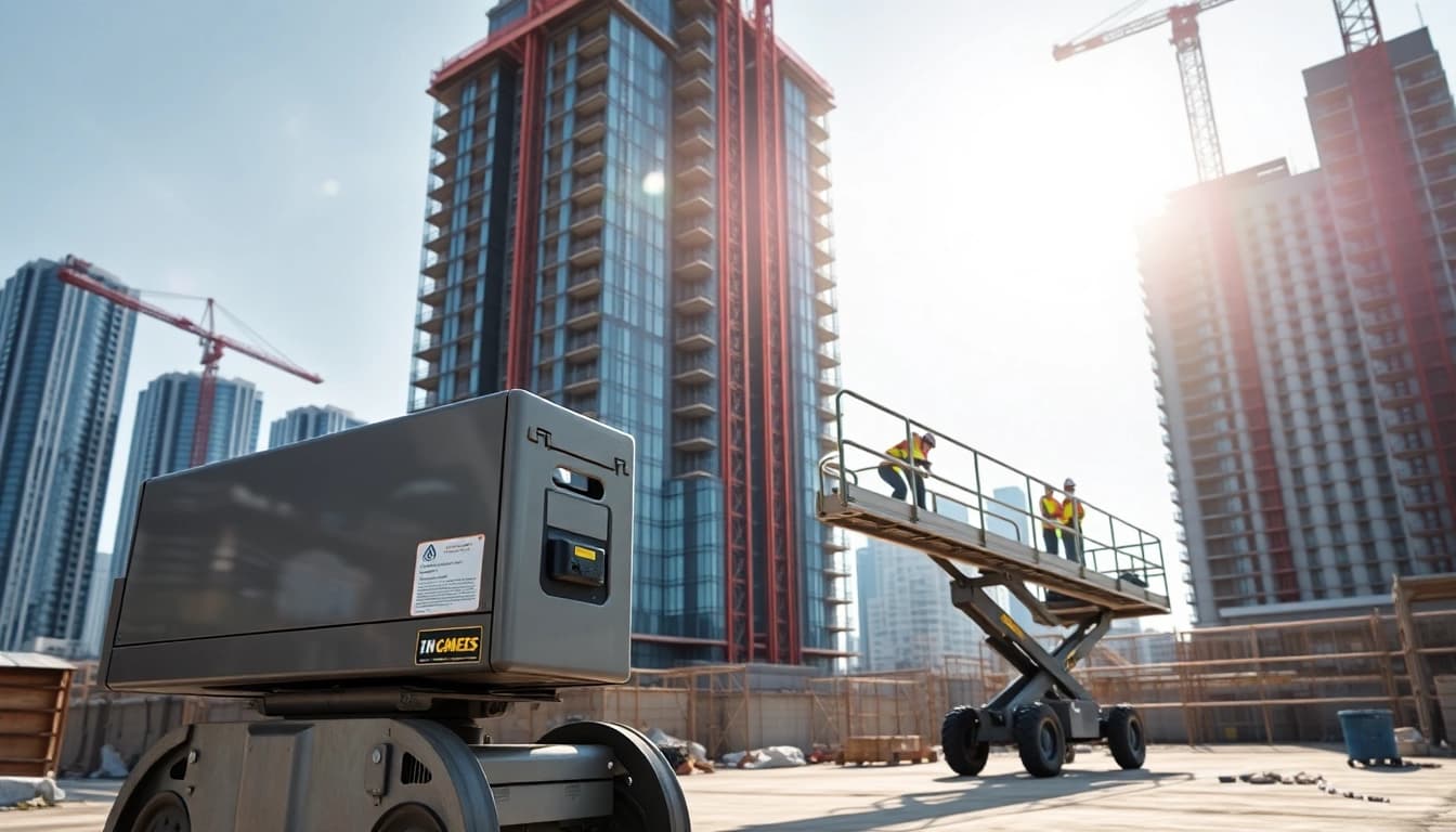 Operating a genie lift in a construction site, showcasing safety and height versatility.