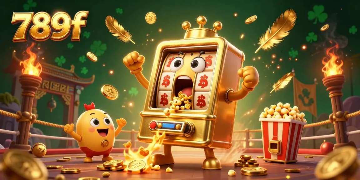 Engage with the vibrant 789f slot experience as animated slot machines celebrate a jackpot with flying coins and golden elements.
