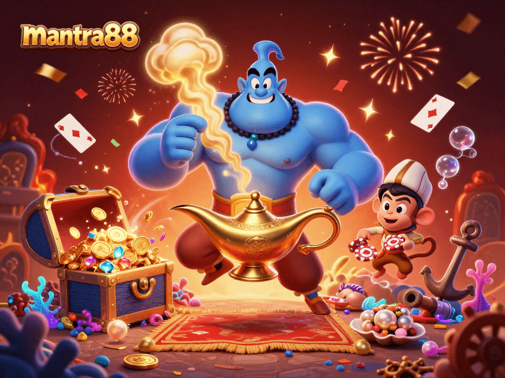 Experience the magic of mantra88 with a vibrant casino illustration showcasing dynamic characters and gaming elements.