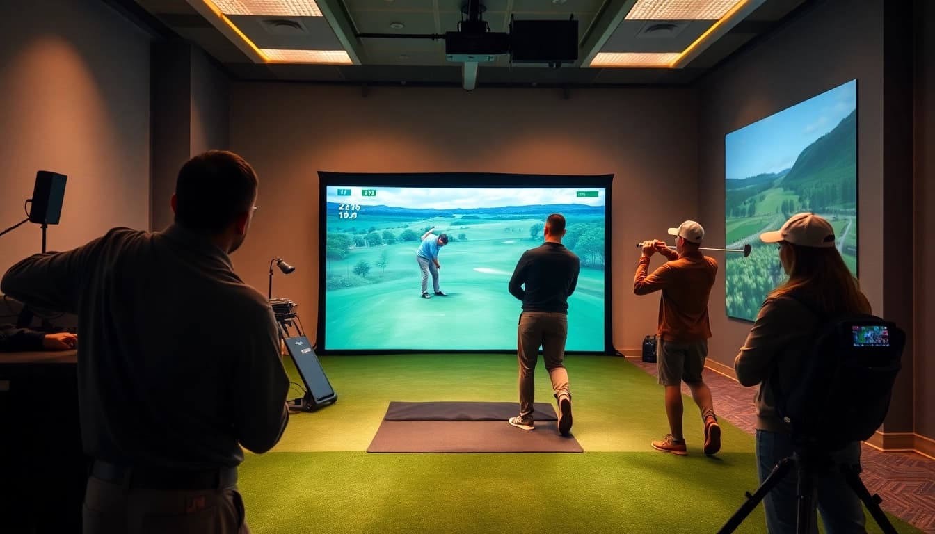 Players enjoying a golf simulator experience in a modern indoor facility.