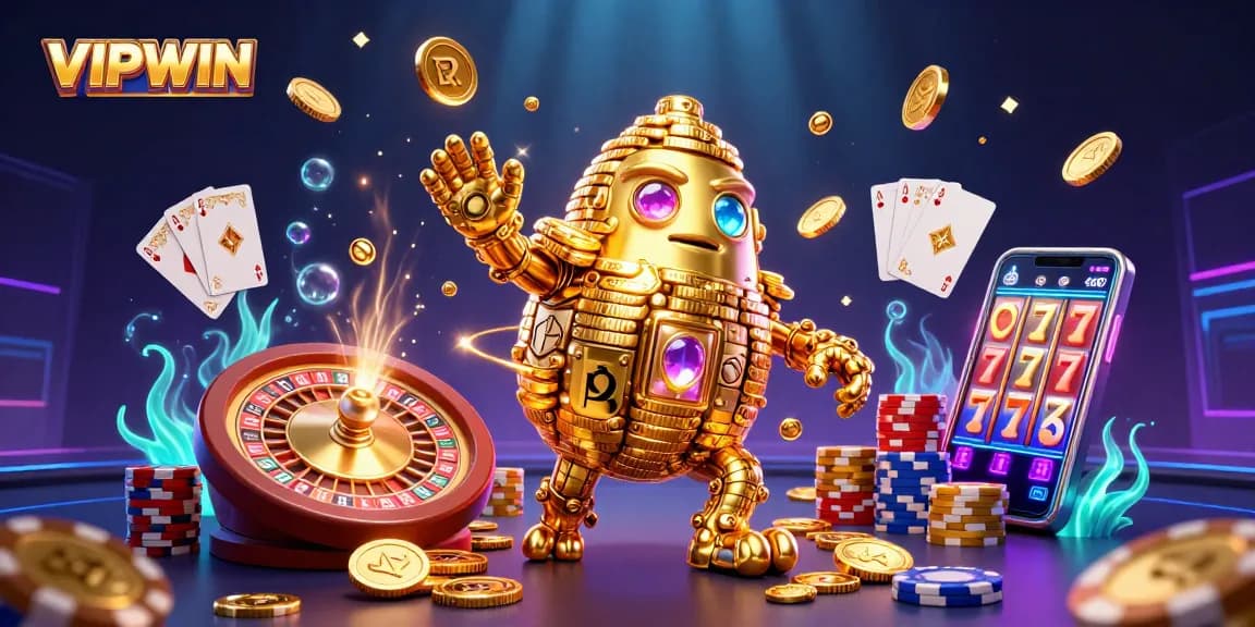 Engage in thrilling adventures at VIPWIN featuring a dynamic golem made of golden coins, captivating casino elements.
