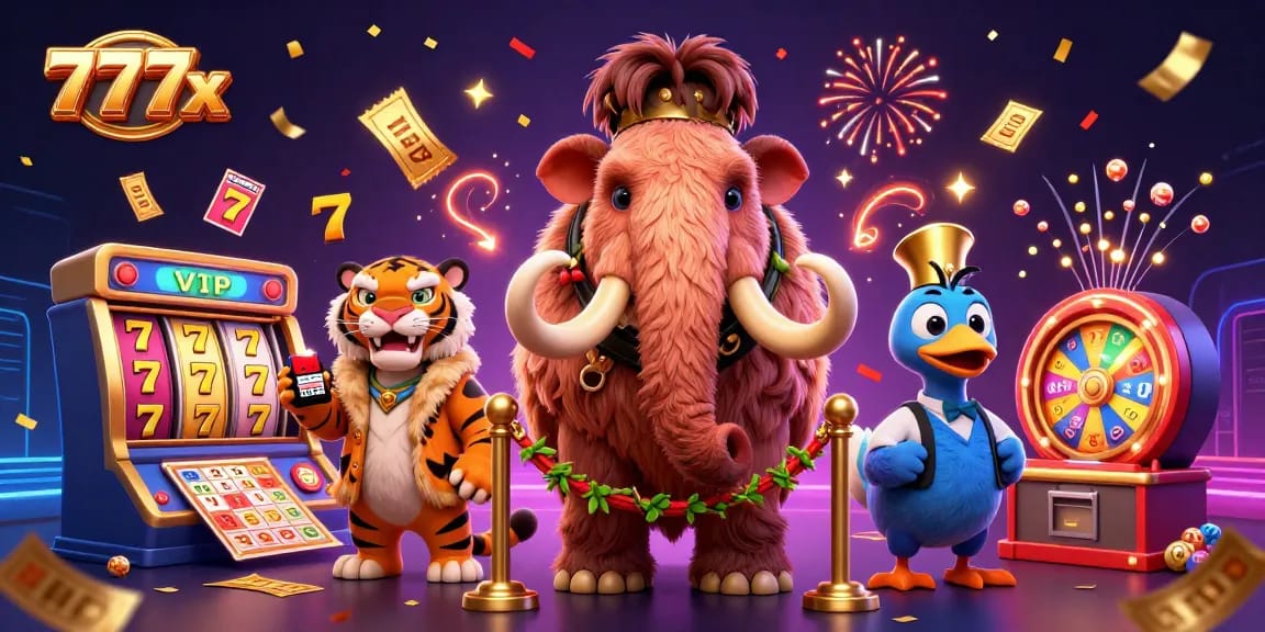 Experience the excitement of 777x with a vibrant illustration of a playful casino scene featuring unique animals and dynamic game elements.