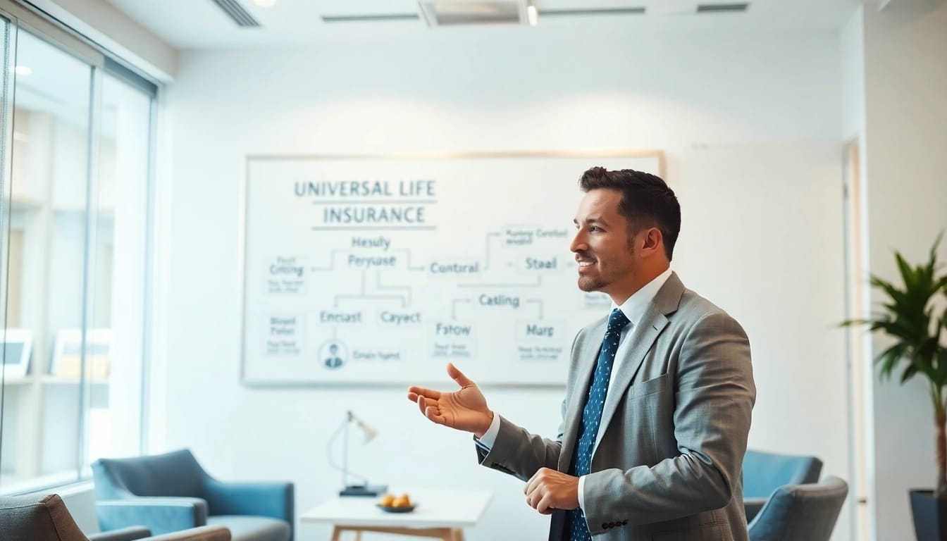 Professional explanation of universal life insurance explained with clear visuals in a modern office.