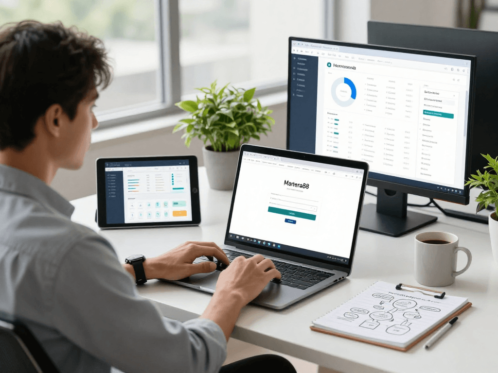 Professional workspace showcasing mantra88 login on laptop for software access.