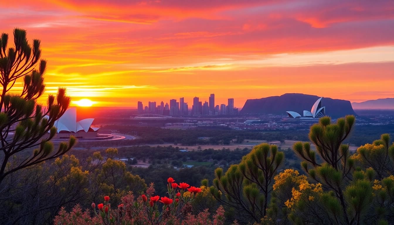 Experience the vibrant landscape of Australia with iconic landmarks at sunset.