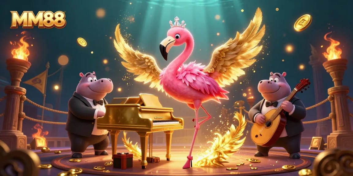 Experience MM88 excitement with a casual casino party featuring a flamingo pianist and hippo bassist.