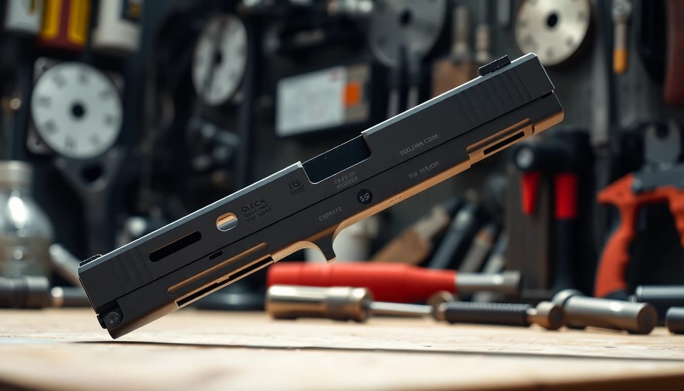 Showcasing the glock 17 gen 5 slide with intricate details in a customized workshop setting.