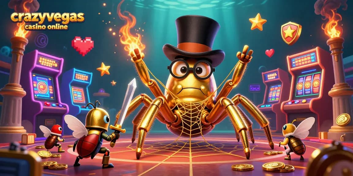 Experience excitement at crazyvegas casino online with a golden tarantula weaving winning webs among vibrant casino elements.