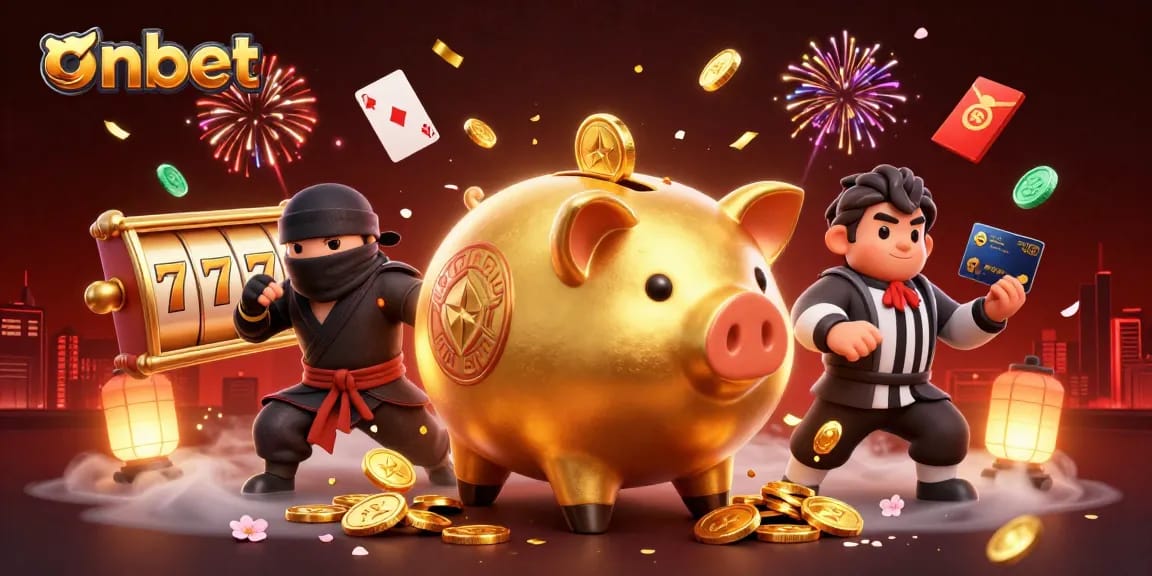 Experience exciting casino fun at onbet with characters and slot elements in a vibrant setting.