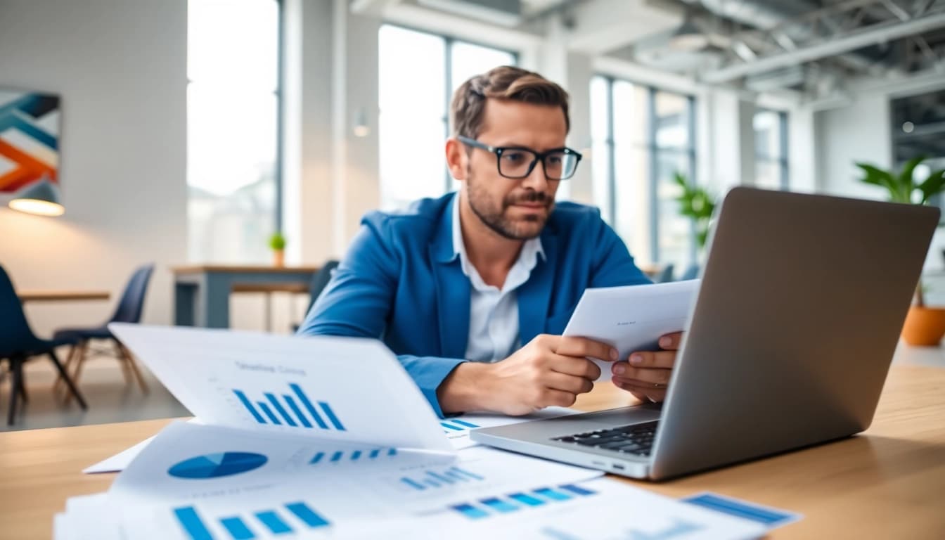 Marketing director analyzing strategy in a bright office setting with data charts.