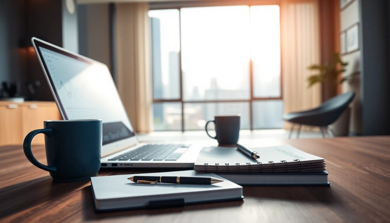 Visualize the digital workspace of themonitordaily.com, showcasing a laptop, notes, and coffee.