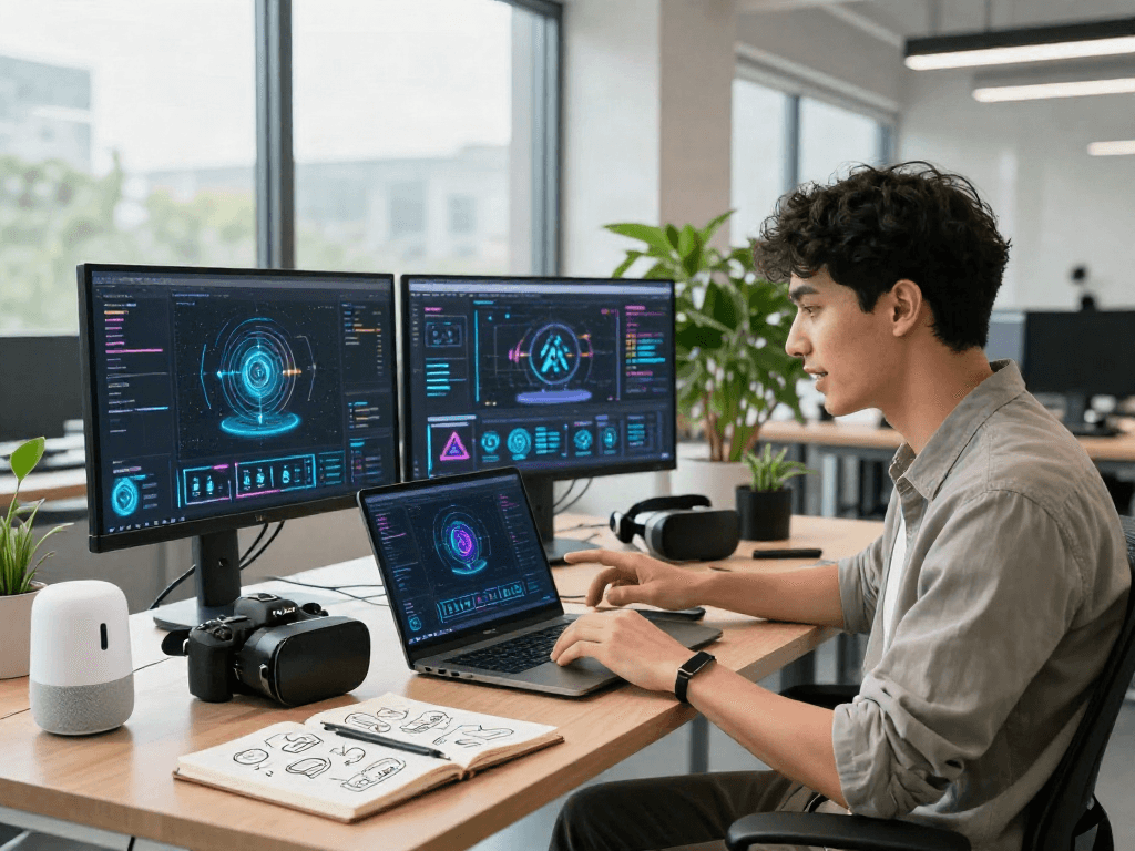 Young professional using AI software in a modern workspace, demonstrating a crush on technology and innovation.